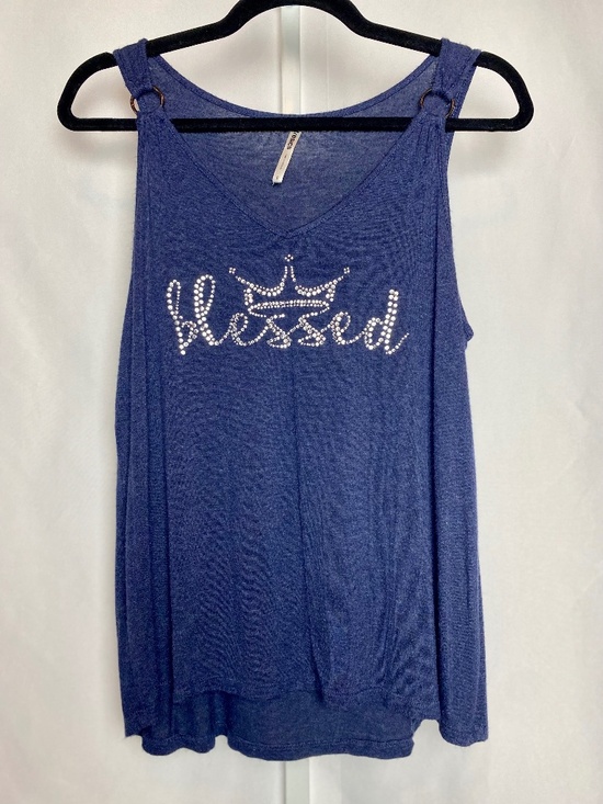 Tresics Tops - Tresics Womenʻs Blue "Blessed" Rhinestone Embellished Rayon Tank Top Small
